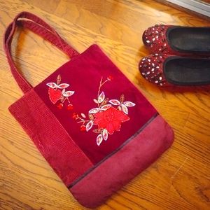 Vintage 90s Corduroy Tote bag, burgundy, embellished and embroidered